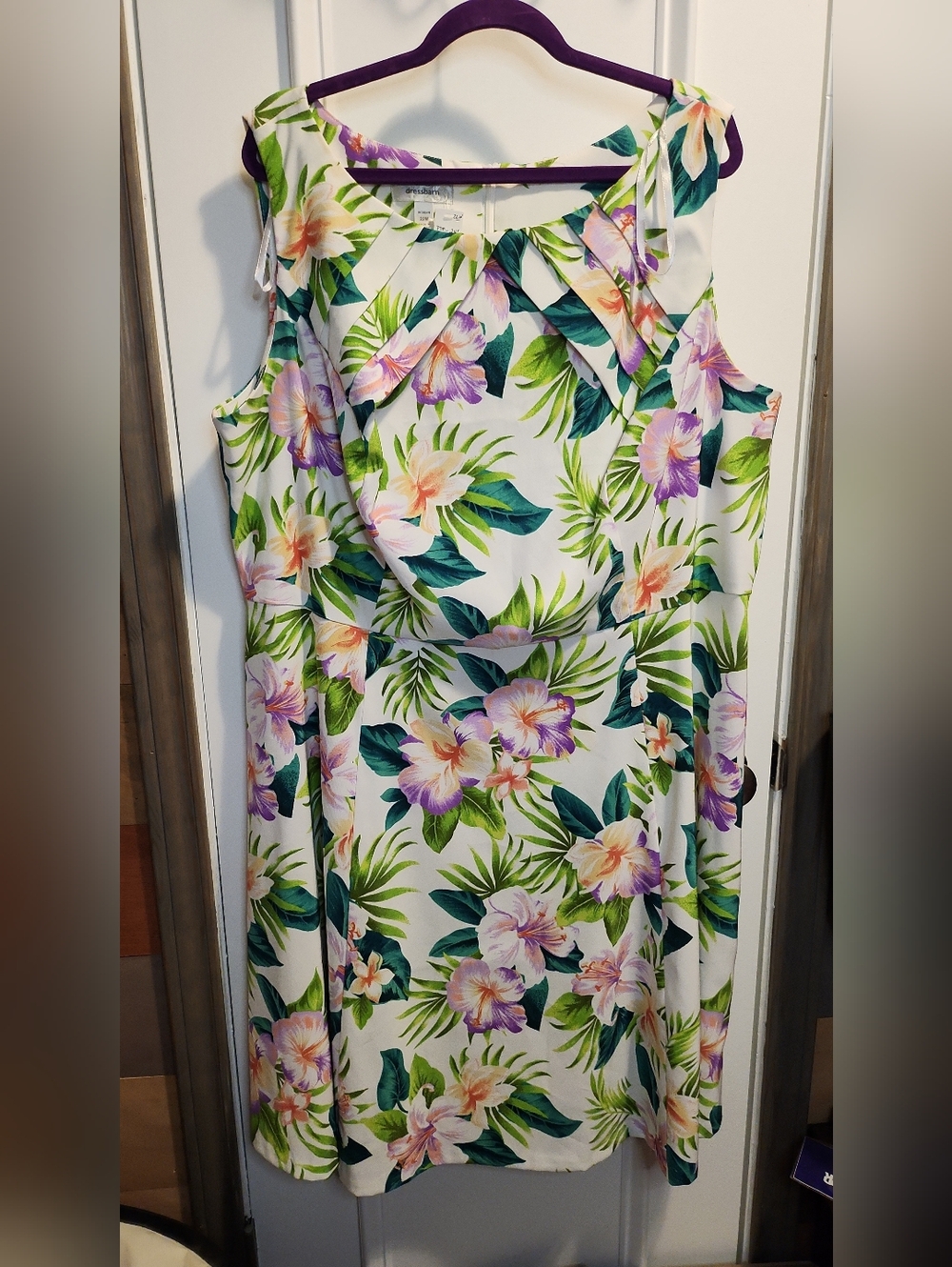 dressbarn White Midi Dress with Green Leaves and Purple Floral Print
